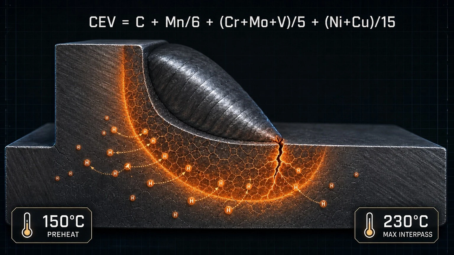 Hydrogen diffuses into the HAZ the CEV formula predicts when 150C preheat becomes mandatory Hydrogen diffuses into the HAZ the CEV formula predicts when 150C preheat becomes mandatory