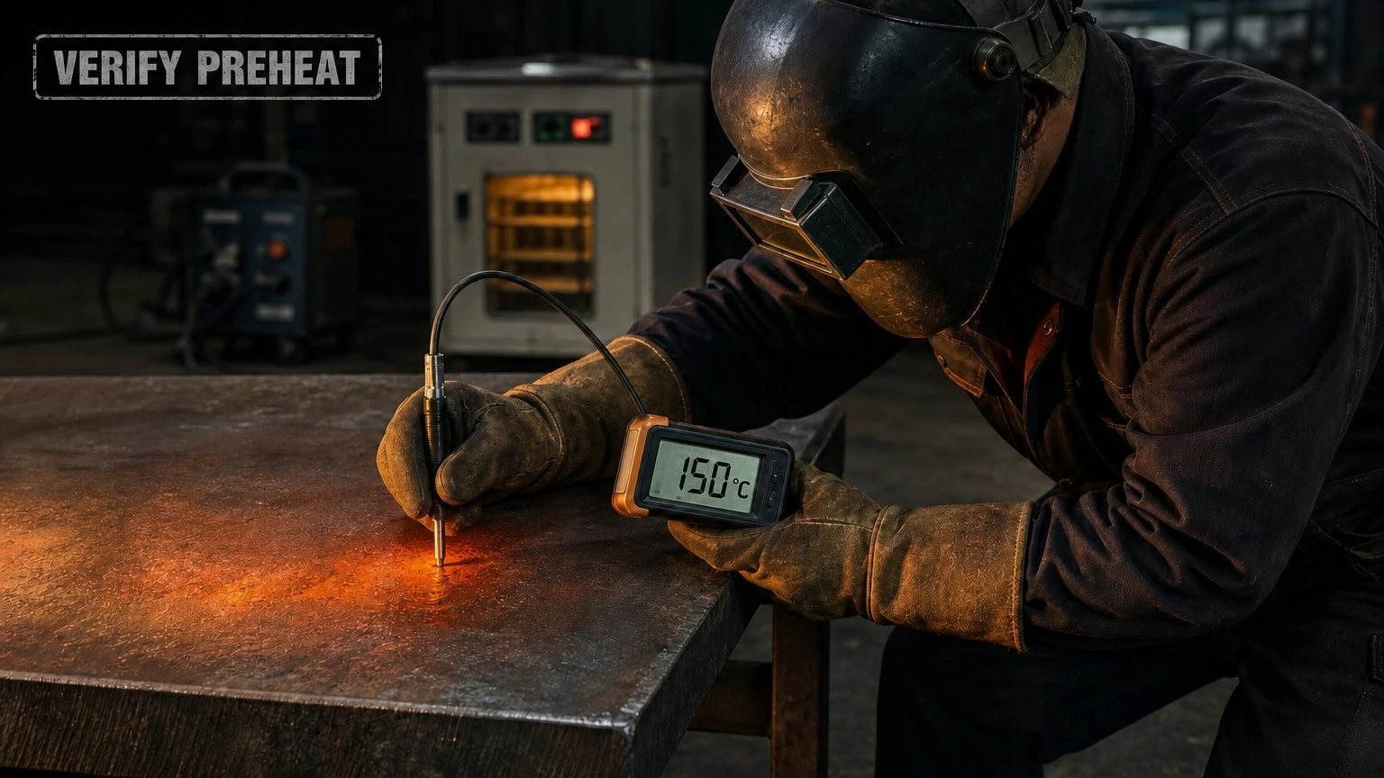 On the floor a contact pyrometer reading 150C verified before the first tack weld is placed On the floor a contact pyrometer reading 150C verified before the first tack weld is placed